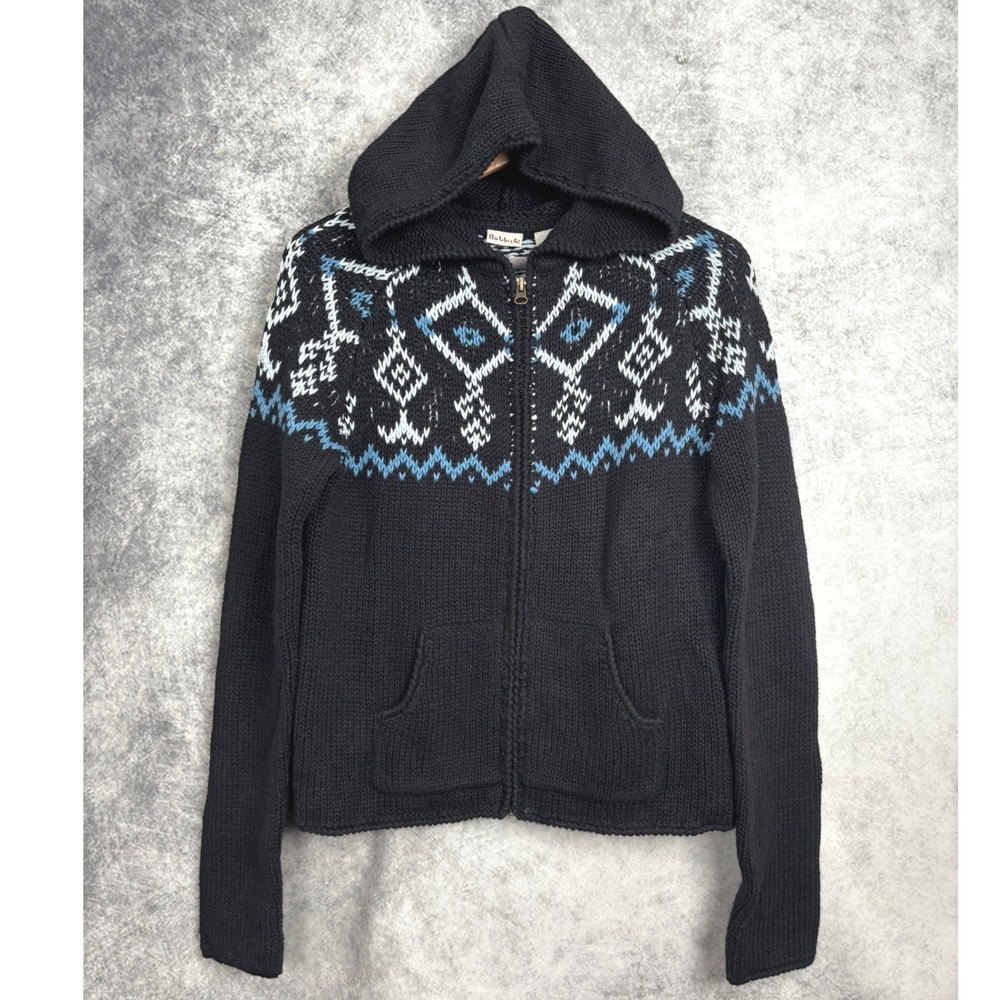 Vintage 90's Rubbish Hooded Fair Isle Full Zip Knit Sweater Ramie Cotton Medium